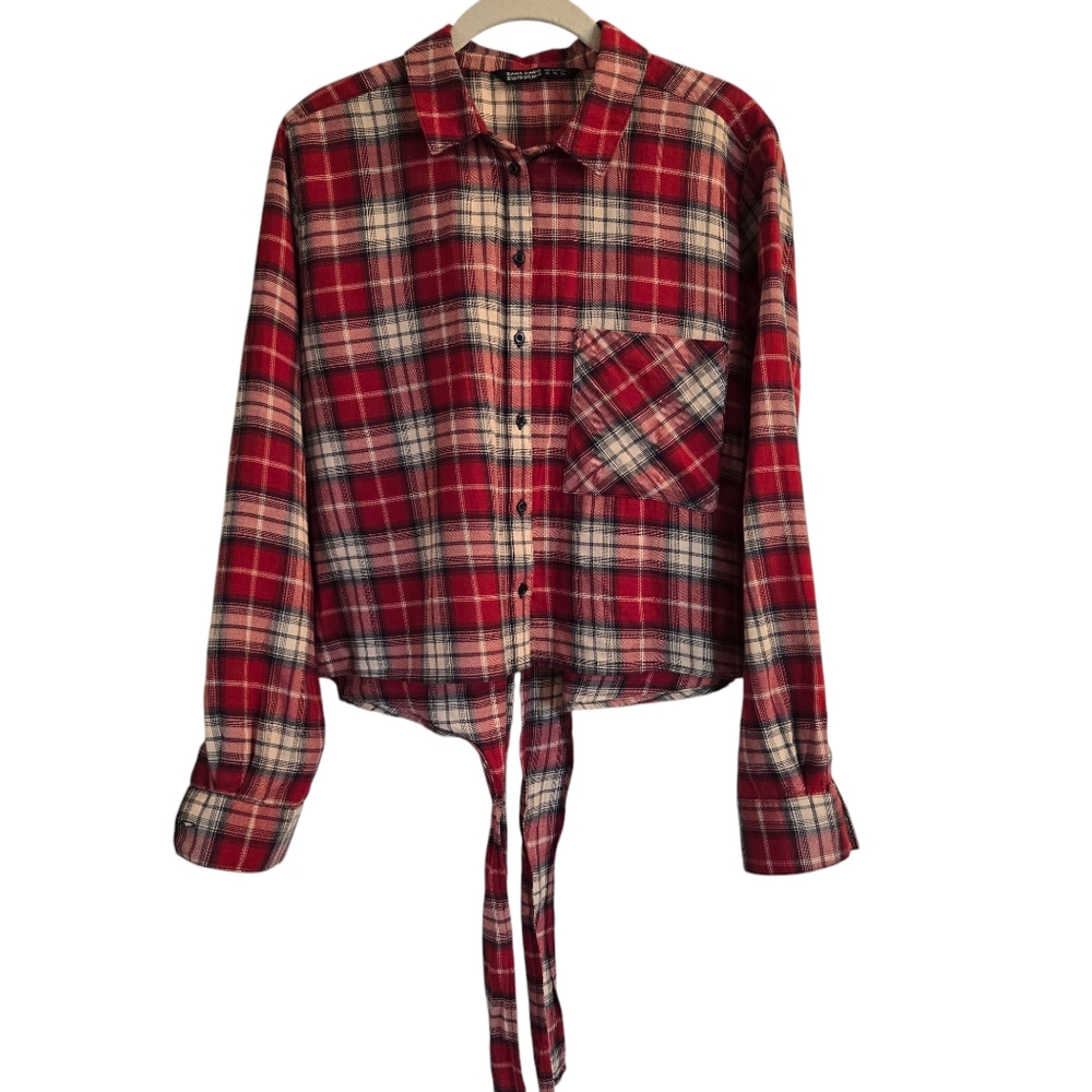 Zara Basic Denim Cropped Plaid Button-Up Shirt W/… - image 1